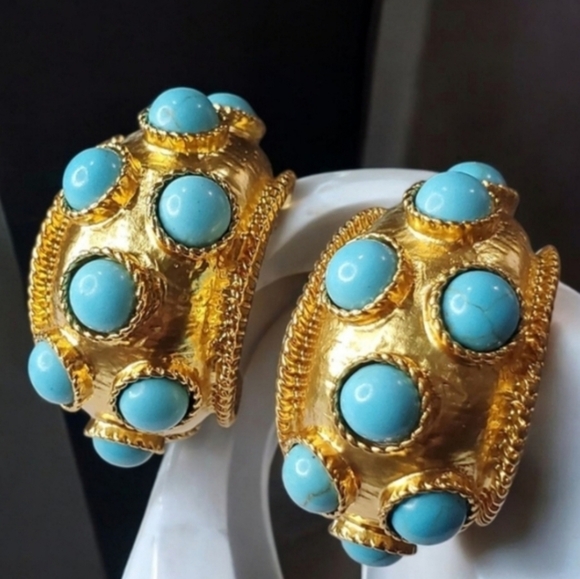 Chunky Oversized Matte Gold Byzantine Turquoise Cabochon Hoop Earrings - Picture 3 of 6
